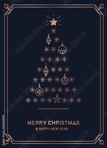 Merry Christmas elegant greeting card with rose gold icons and blue background