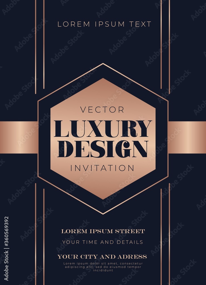 Luxury design template with navy blue background and abstract rose gold ...