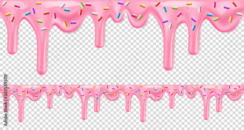 Pink dripping frosting with colorful sprinkles isolated on transparent background