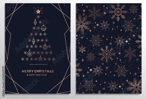 Set of elegant Christmas greeting cards with rose gold snowflakes, Christmas tree and navy blue background. Elegant holiday template for greeting cards, invitation, business offers.Vector illustration