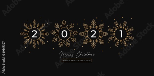 Simple 2021 New Year greeting card with golden snowflakes and black background. Elegant Christmas and New year design for banners, greeting cards, invitations etc. Vector illustration