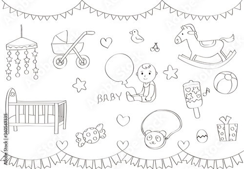 ベビー用品手書きイラストセット　線画