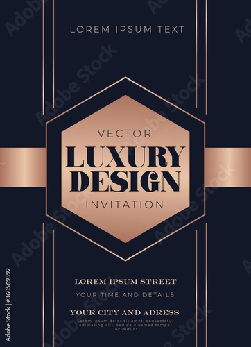 Luxury design template with navy blue background and abstract rose gold shapes. Luxury template for business cards, invitation, banners, greeting cards or social networks. Vector illustration