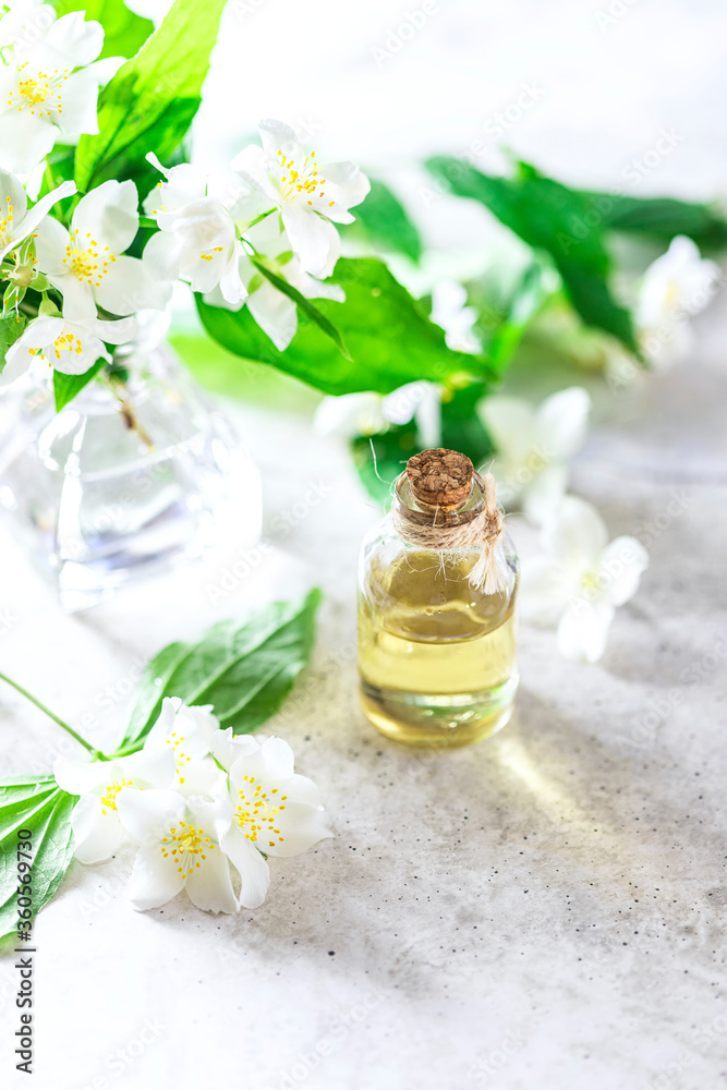 Aromatic oil in glass bottle with fresh jasmine flowers on a light gray concrete background. Flower essential oil, osmetic oil perfume . Aromatic oil in glass bottle with fresh jasmine flowers on a light gray concrete background. Flower essential oil, osmetic oil perfume .