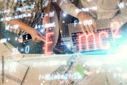 Double exposure of man and woman working together and formula hologram drawing. Computer background. Top View. Education concept.