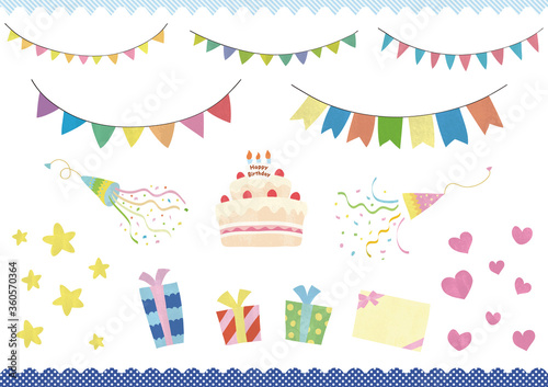 手描きガーランドとプレゼントと誕生日ケーキのセット　線なし