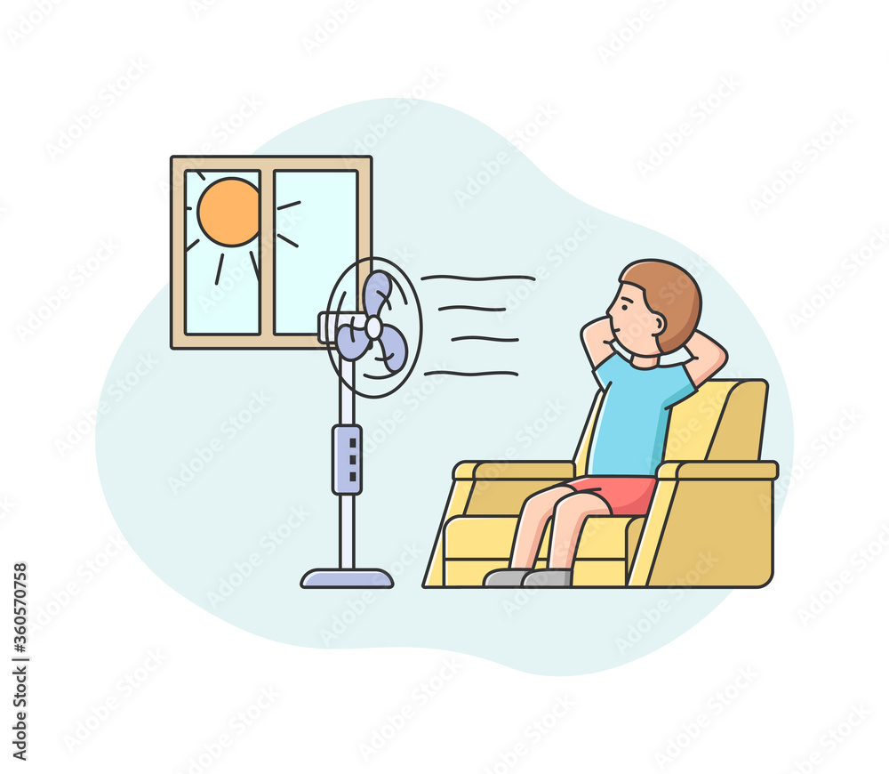 Summer Hot Period. Man Weary From Heat Sitting In Armchair, Putting His Hands Behind Head And Use Fan To Feel Breezy And Cool Off In Hot Summer Day. Cartoon Linear Outline Flat Vector Illustration