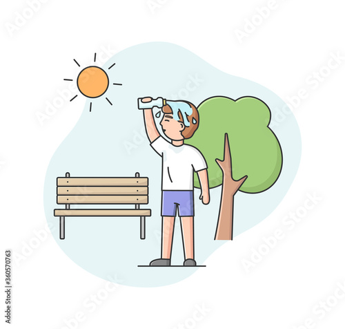 Concept Of Summer Hot Period. Male Character Walking In The Park, Weary From Heat. Man Is Drenching With Water, To Cool Off In Hot Summer Day. Cartoon Linear Outline Flat Style. Vector Illustration