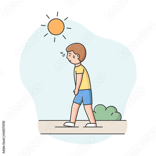 Concept Of Summer Hot Period. Man Weary From Heat Is Walking Down The Street In The Park Under the Scorching Sun, Sweating, In Hot Summer Day. Cartoon Linear Outline Flat Style. Vector Illustration