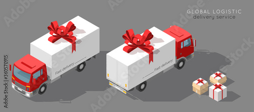 Free shipping vector illustration. Isolated delivery truck with red bow. Gift box on truck. Set of white open and closed gift box present with red ribbon bow in isometric. Cargo logistics