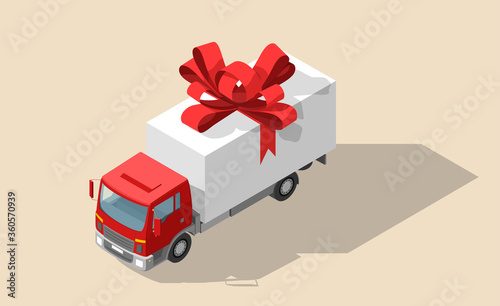 Free shipping vector illustration. Isolated delivery truck with red bow. Gift box on truck. Set of white open and closed gift box present with red ribbon bow in isometric. Cargo logistics