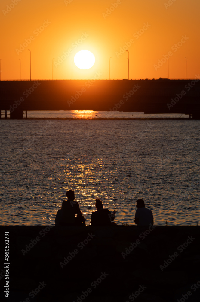 Silhouettes of people enjoying seascapes on the shore during sunset.