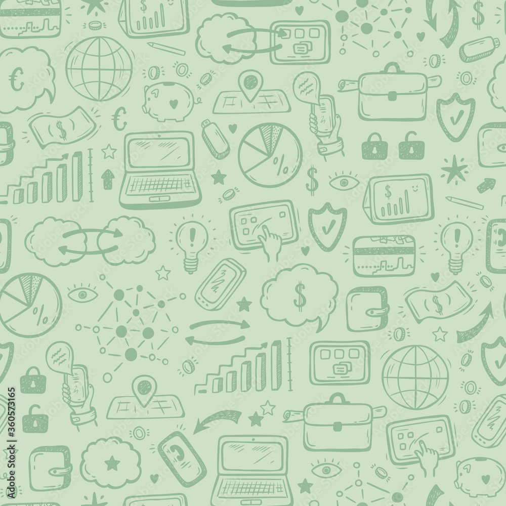 Hand drawn Doodle Internet of Things, Stock market, Cloud Computing Technology, Financial and Business Icons Vector Seamless pattern
