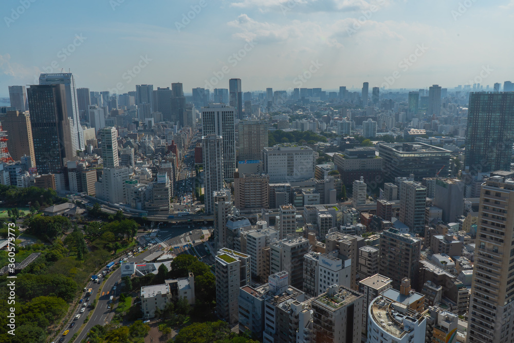 Vista aérea de la ciudad de Tokio en día soleado sobre edificios