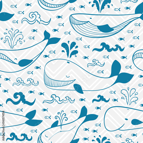 Cartoon Doodle Ocean Animals. Sea Animal Background for Kids. Vector Seamless Pattern with Different Cute Whales, Fishes and Sea Waves
