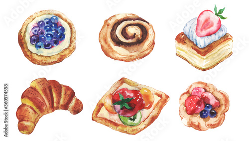 set of watercolor pastries with fruits