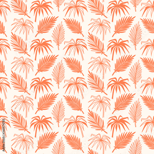 Coral Color Tropical Palm Tree Leaves Vector Seamless Pattern. Hand Drawn Doodle Palm Leaf Sketch Drawing. Summer Floral Background. Tropical Plants Wallpaper 