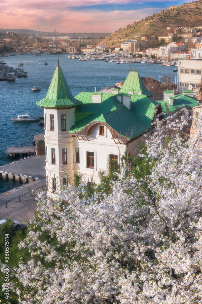 White villa with green roof by the sea at spring. Blooming cherry plum on the foreground. Copy space on the sunset sky. Resort town in spring.