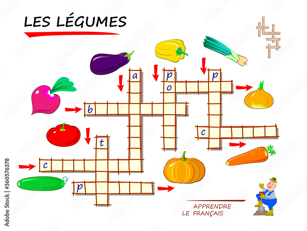 LEARN FRENCH. Crossword puzzle game with vegetables. Educational page for  children to study French language and words. Printable worksheet for kids  textbook. School exercise book. Flat vector. Stock Vector | Adobe Stock