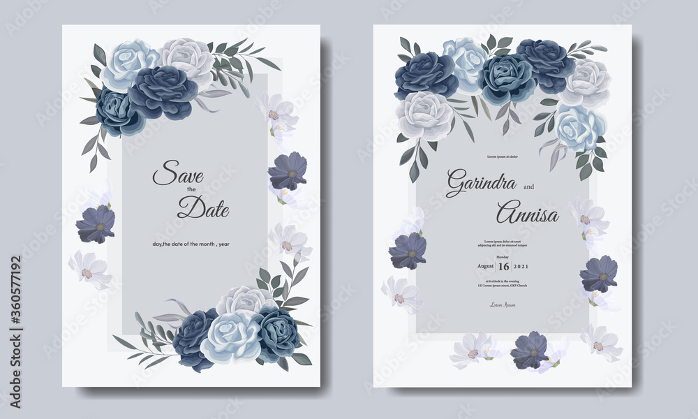 Elegant wedding invitation card template with floral and leaves navy blue Premium Vector Elegant wedding invitation card template with floral and leaves navy blue Premium Vector