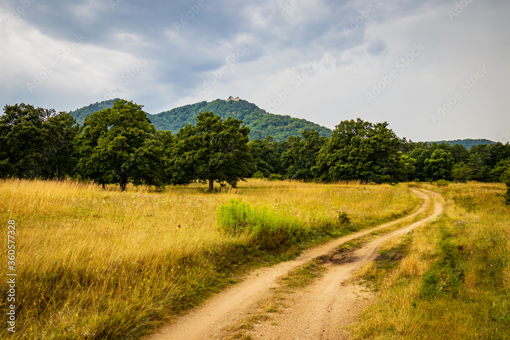 dirt road in a field with castle ruins dirt road in a field with castle ruins