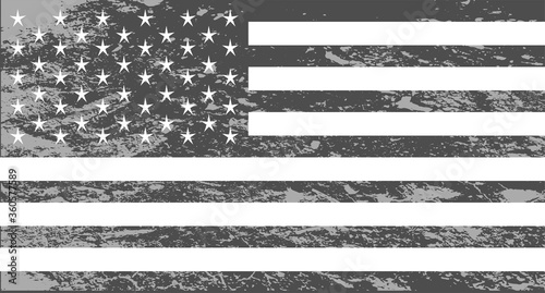 American flag, USA, black and white grunge background. 