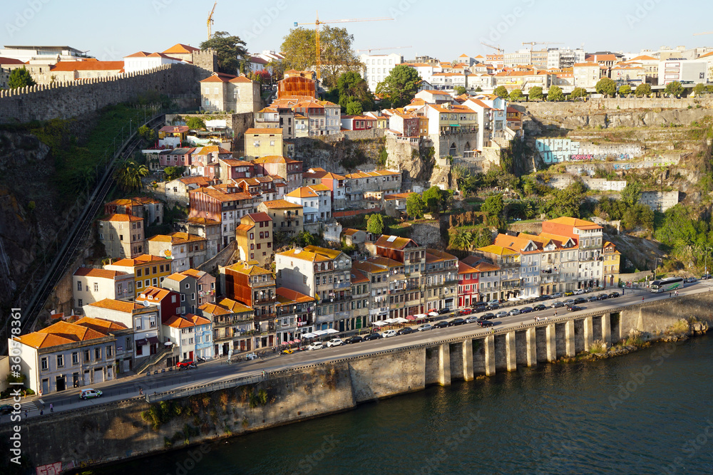 view from Dom Luis bridge over old town of Porto and Douro river