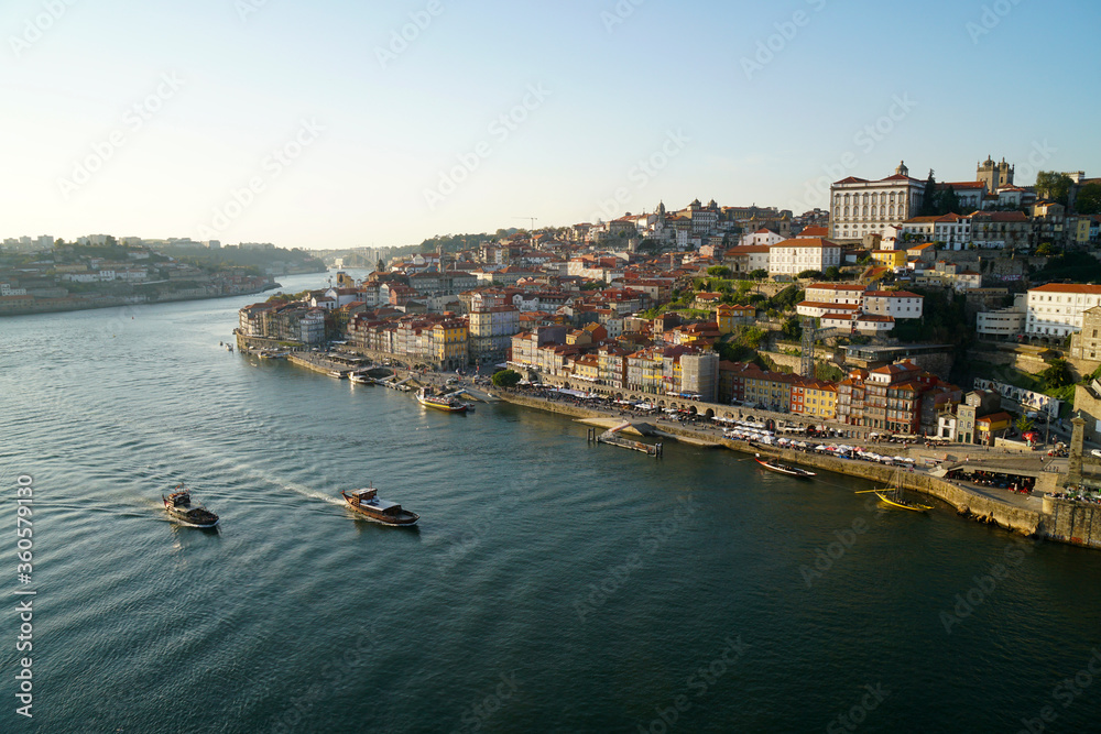 view from Dom Luis bridge over old town of Porto and Douro river