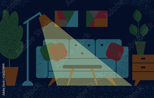 Living room interior. Sofa, floor lamp, indoor plants. Light from a lamp. Illustration