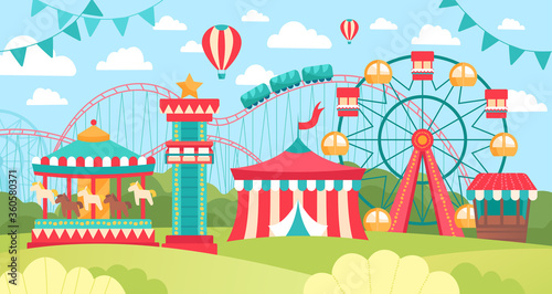 Brightly colored scene in an amusement park or fairground with ferris wheel, carousel and marquis on a sunny day, colored vector illustration