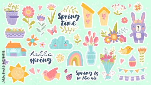 Set of pretty pastel spring icons with flowers, birds, insects, rainbow and sun on a light green background with text in an education concept, colored vector illustration