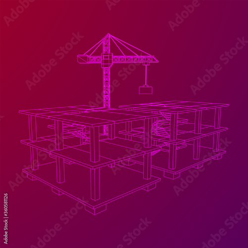 Building under construction with crane. Build house construct in process. Wireframe low poly mesh vector illustration
