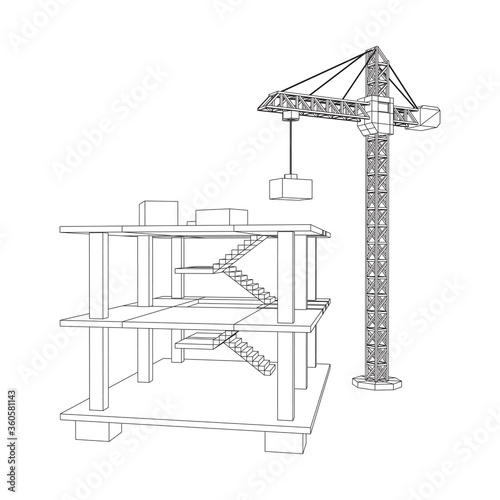 Building under construction with crane. Build house construct in process. Wireframe low poly mesh vector illustration