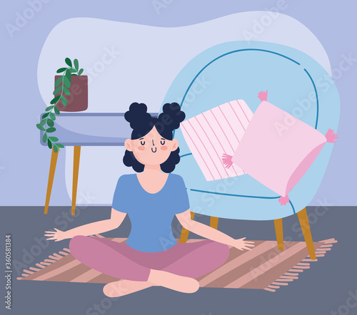 stay at home, girl in yoga meditation on floor, self isolation, activities in quarantine for coronavirus