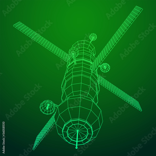 Space station communications satellite. Wireframe low poly mesh vector illustration.