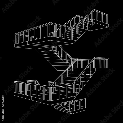 Wireframe stairs, interior staircases steps with railing. Wireframe low poly mesh vector illustration.