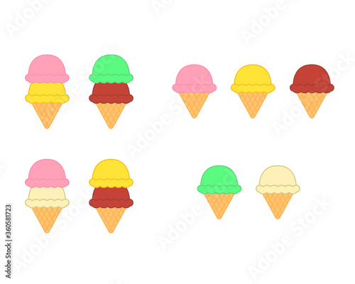 シングルアイスクリームとダブルアイスクリームのかわいいイラストセット