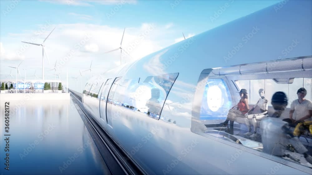 Sci fi station. Futuristic monorail transport. Concept of future. Realistic 4K animation.