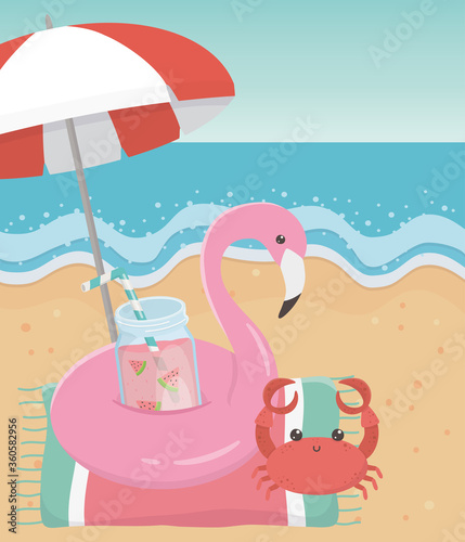summer travel and vacation crab towel beach sea juice float flamingo