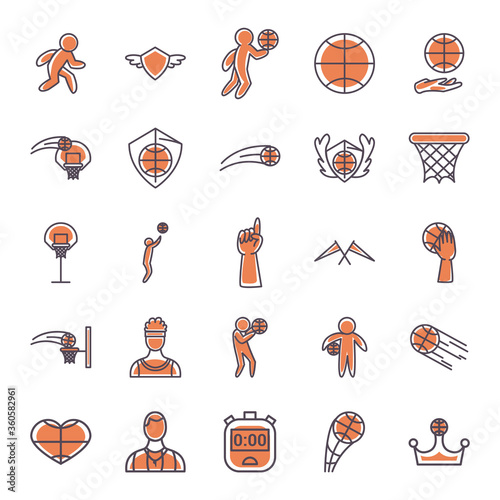 Basketball line and fill style icon set vector design