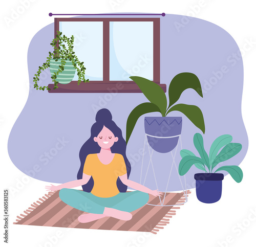 stay at home, girl in meditation yoga pose, self isolation, activities in quarantine for coronavirus