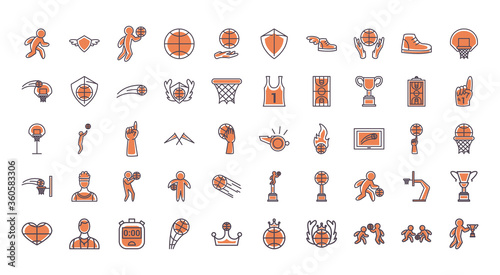 Basketball line and fill style icon set vector design