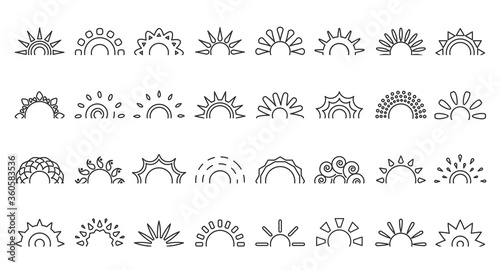 Black line half sun icon set. Logo blank frame for tattoo. Simple outline different shape. Design logotype element sunlight symbol morning, weather for web or app Isolated on white vector illustration