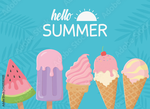 hello summer travel and vacation ice cream cone fruit scoops