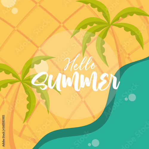 hello summer travel and vacation season, beach palms pineapple background, lettering text