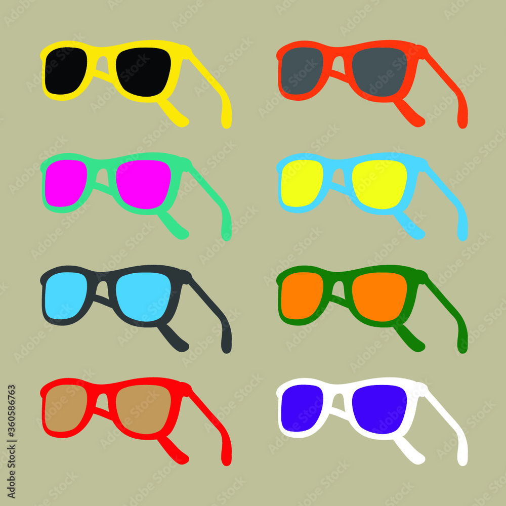 Multiple sunglass icon illustrations in mixed color combinations