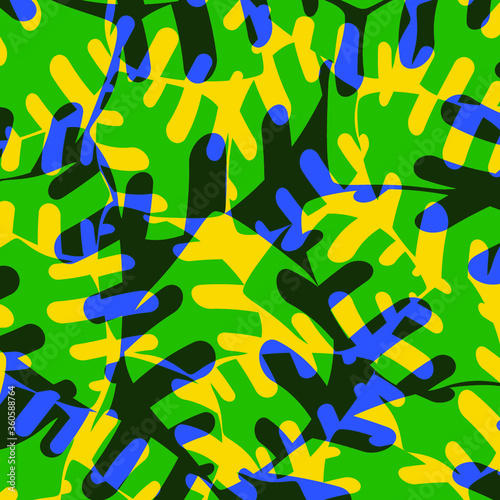 Abstract Brazilian leaf pattern with yellow, blue, and green overlaying, transparent colors, and shapes.