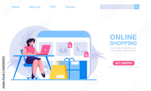 A woman sitting on a couch, shop at online store . The product catalog on the web browser page. Online shopping concept vector illustration, perfect for web design, banner, mobile app, landing page. 