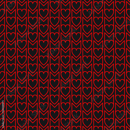 Simple, repetitive, seamless red line heart and letter M shape pattern on black background