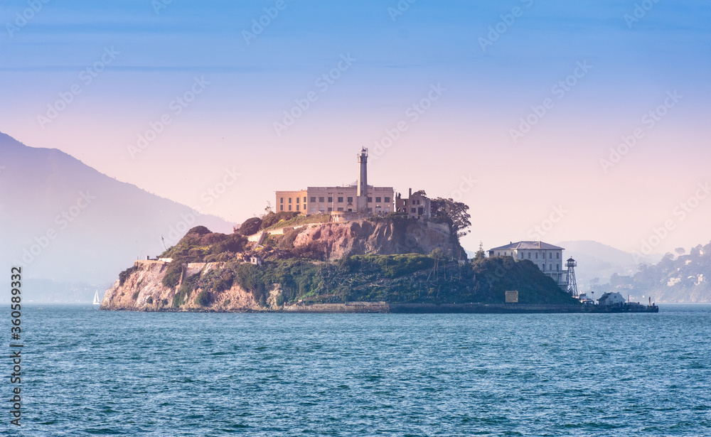 Alcatraz prison penitentiary The Rock from the bay at sunset